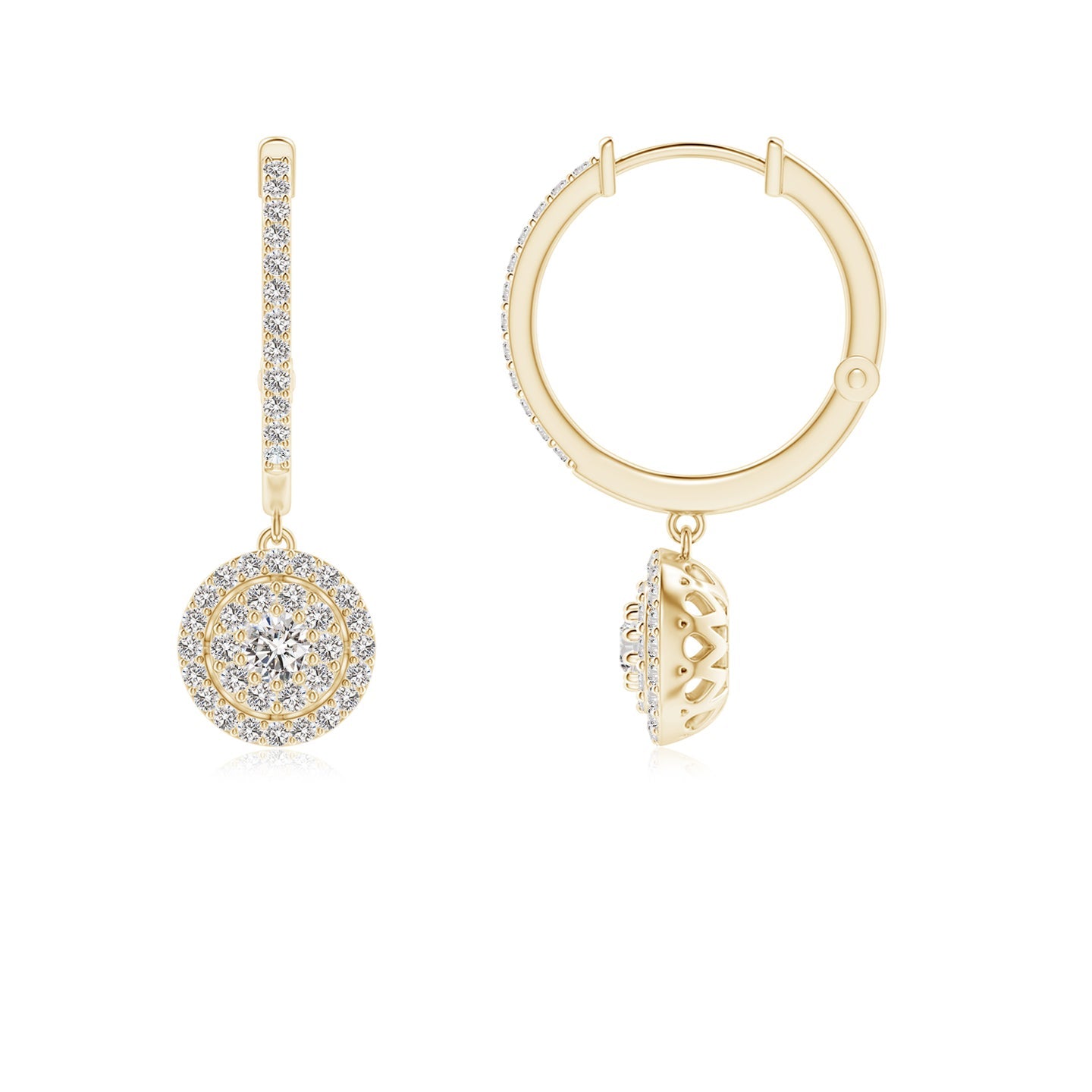 Round Diamond Cluster Halo Hoop Drop Earrings