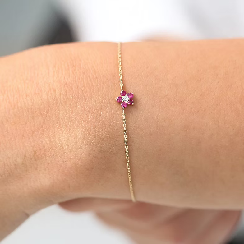 14K Solid Gold Ruby and Diamond Flower Charm Bracelet
