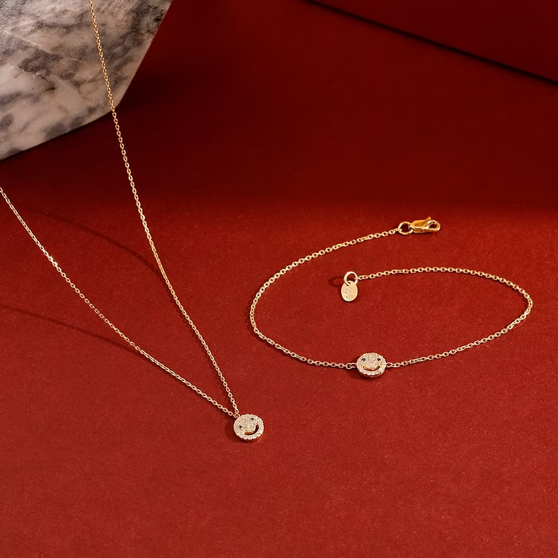 14K Solid Gold Sapphire Diamond Happy Face Bracelet