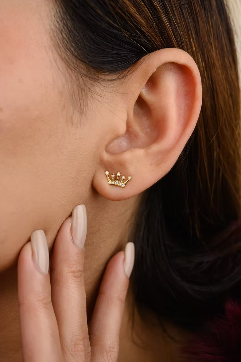 14K Solid Gold Natural Diamond Crown Stud Earrings