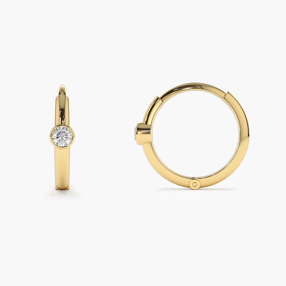 14K Solid Gold Single Bezel Set Diamond Hoops