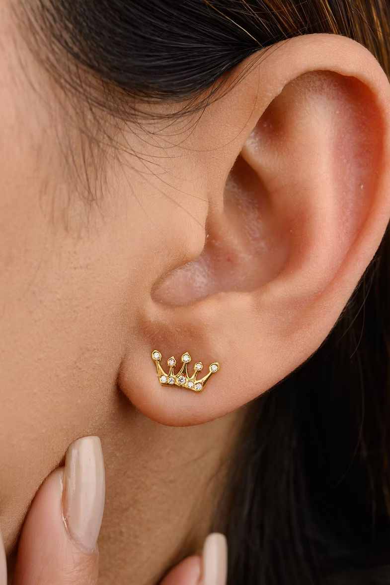 14K Solid Gold Natural Diamond Crown Stud Earrings