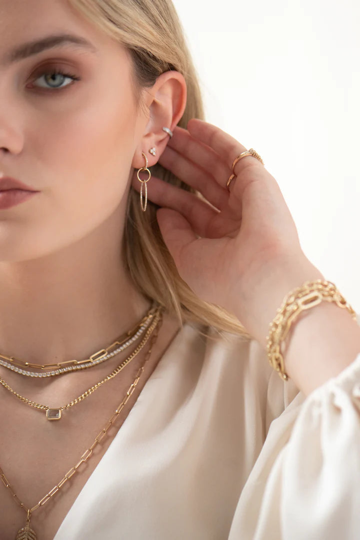 14K Solid Gold Logan Triple Diamond Drop Hoops