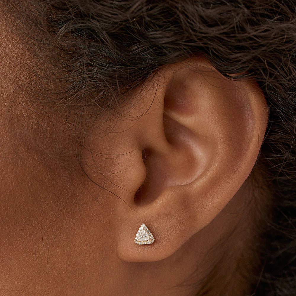14K Solid Gold Petite Trillion Diamond Studs with Halo Setting