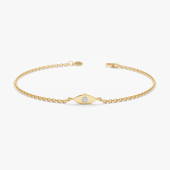 14K Solid Gold Single Diamond Evil Eye Bracelet