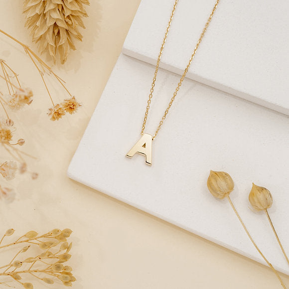 14K Solid Gold Bold Block Letter Initial Necklace