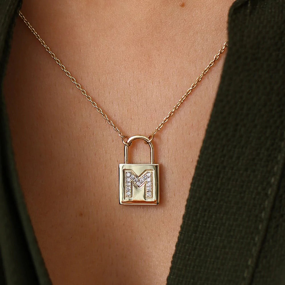 14K Solid Gold Padlock Initial Necklace