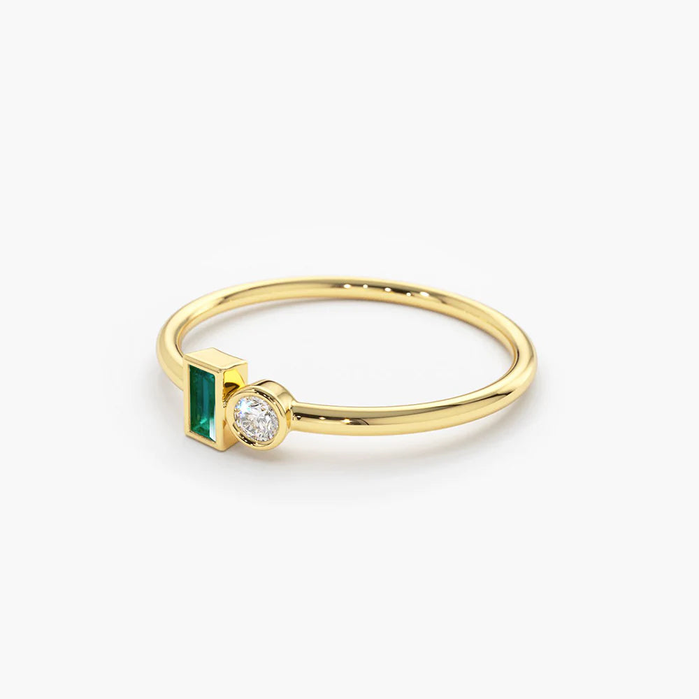 18K Solid Gold Baguette Emerald and Diamond Stackable Ring