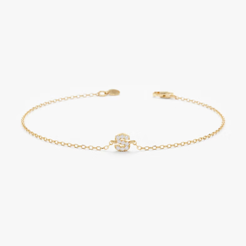14K Solid Gold Diamond Initial Bracelet