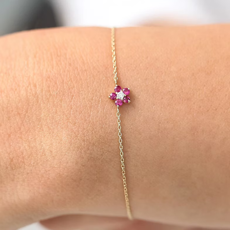 14K Solid Gold Ruby and Diamond Flower Charm Bracelet