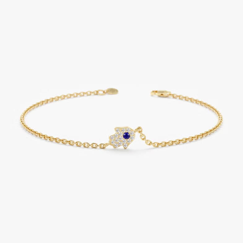 14K Solid Gold Sapphire and Diamond Hamsa Bracelet