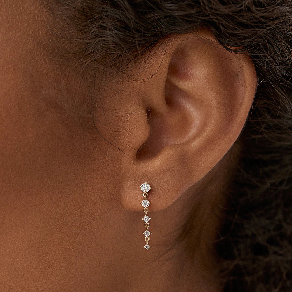 14K Solid Gold Dangling 4 Prong Diamond Drop Earrings