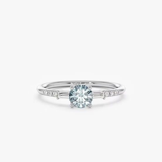 18K Solid White Diamond and Aquamarine Engagement Ring