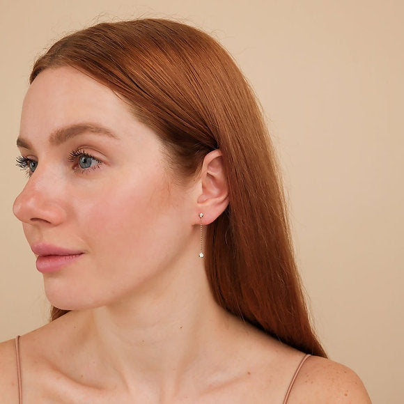14K Solid Gold Long Diamond Drop Earrings