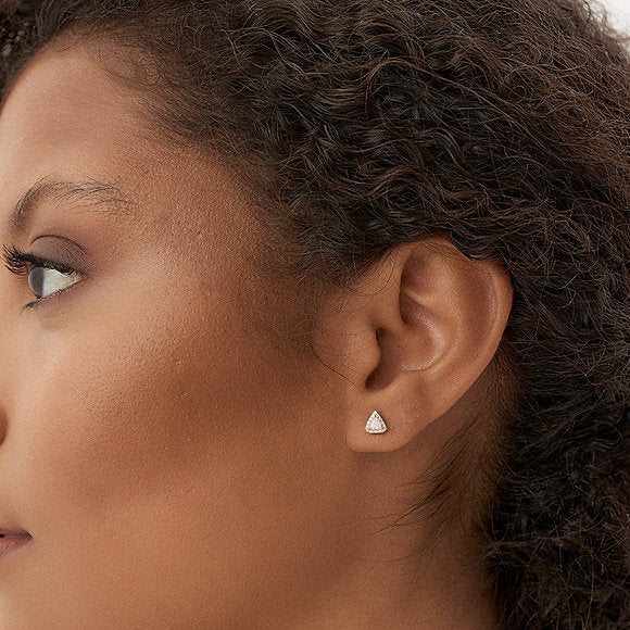 14K Solid Gold Petite Trillion Diamond Studs with Halo Setting