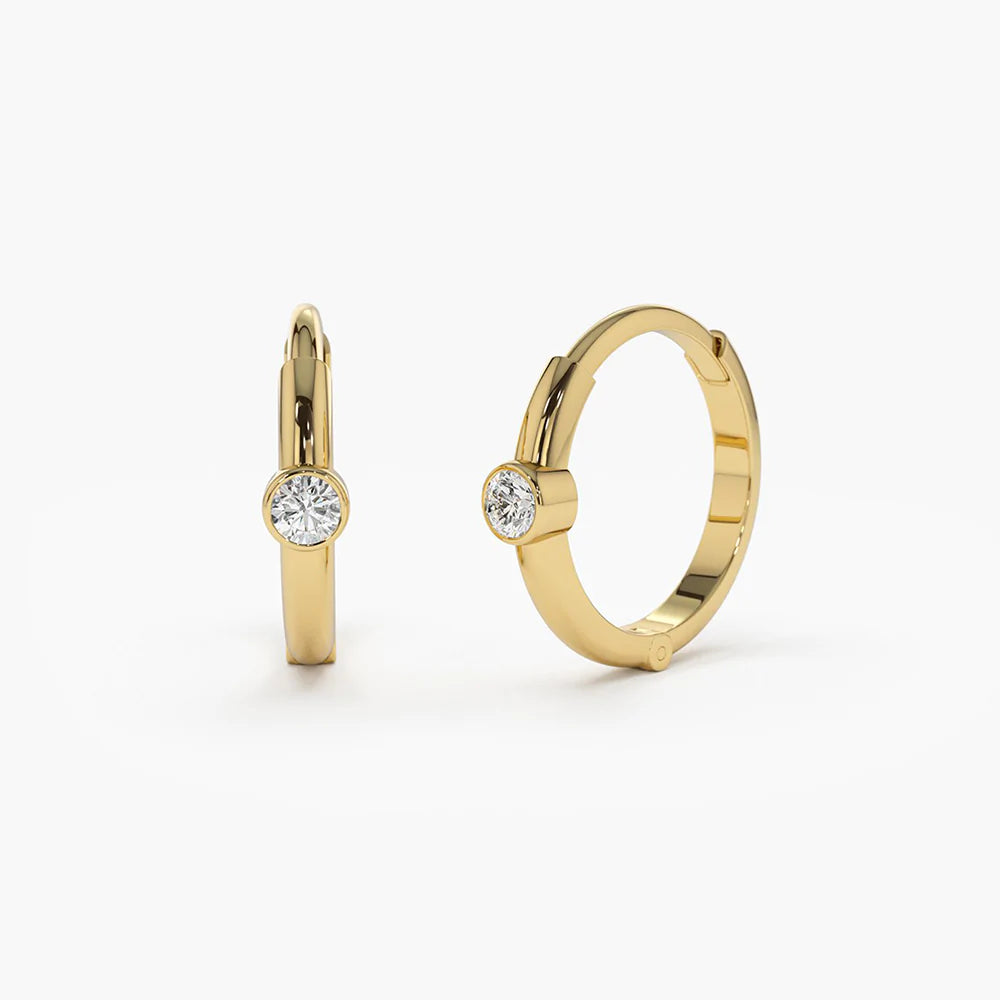 14K Solid Gold Single Bezel Set Diamond Hoops