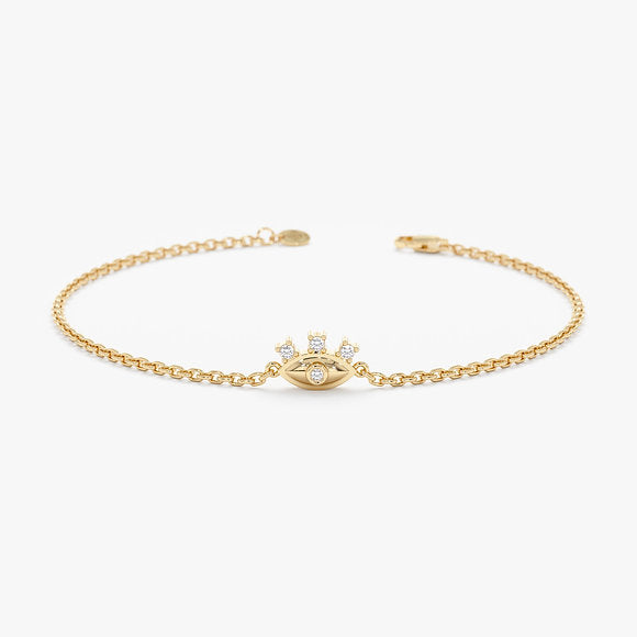 14K Solid Gold Dainty Diamond Eye Bracelet