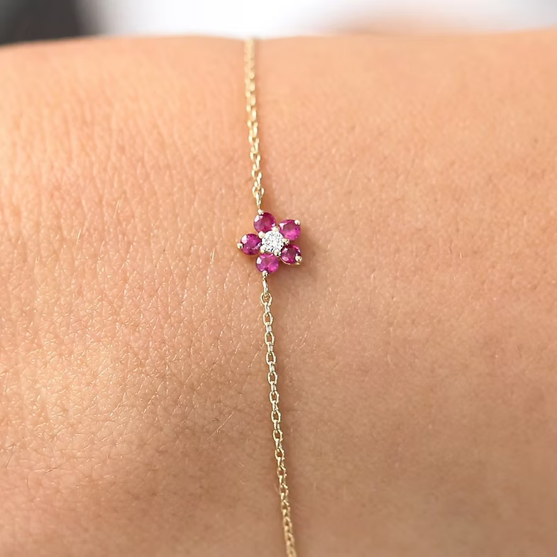 14K Solid Gold Ruby and Diamond Flower Charm Bracelet