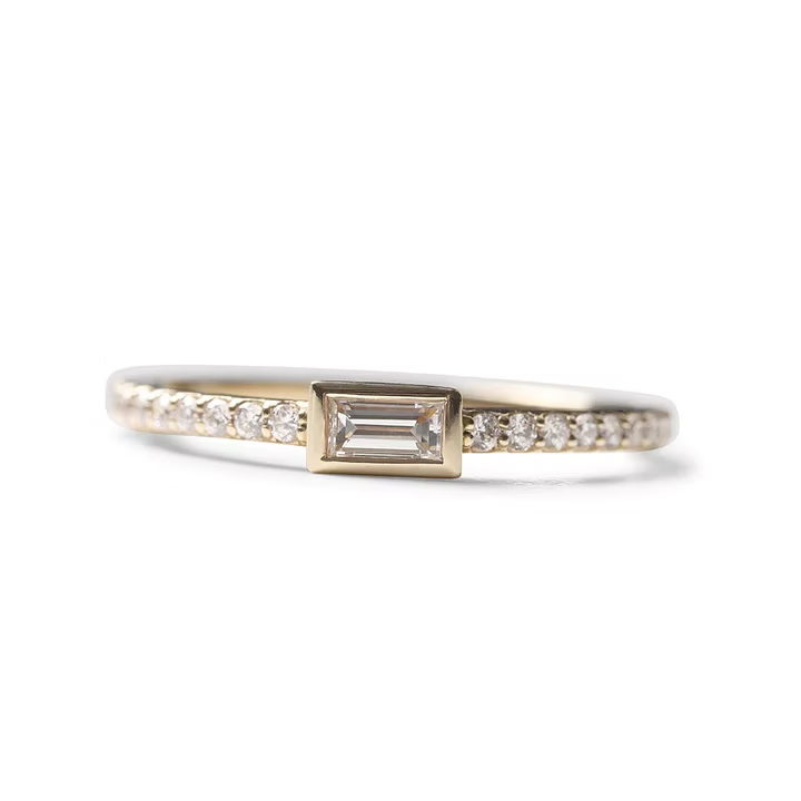 14K Solid Gold Jessica Bezel Set Baguette With Brilliant Diamond Band