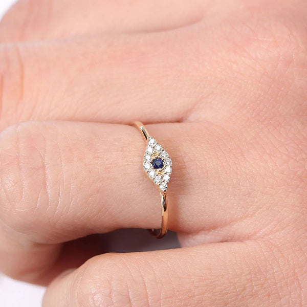 18K Solid Gold Diamond and Sapphire Evil Eye Ring