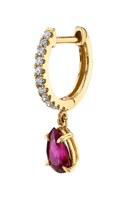 14K Solid Gold luxurious Diamond Hoops featuring Pear Drop and Pink Sapphire