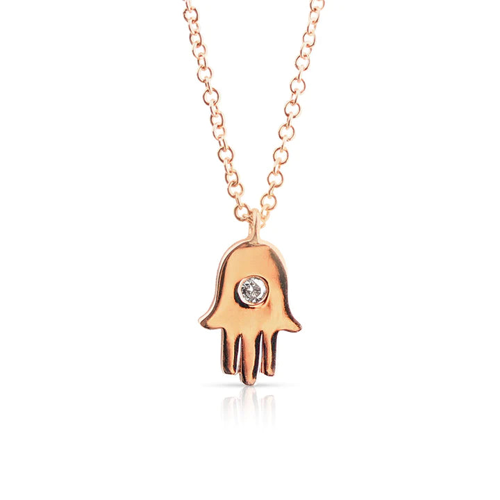 14K Solid Gold Hamsa Necklace With Single Diamond