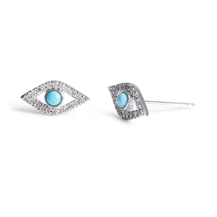 14K Solid Gold Diamond Evil Eye Earrings With Turquoise