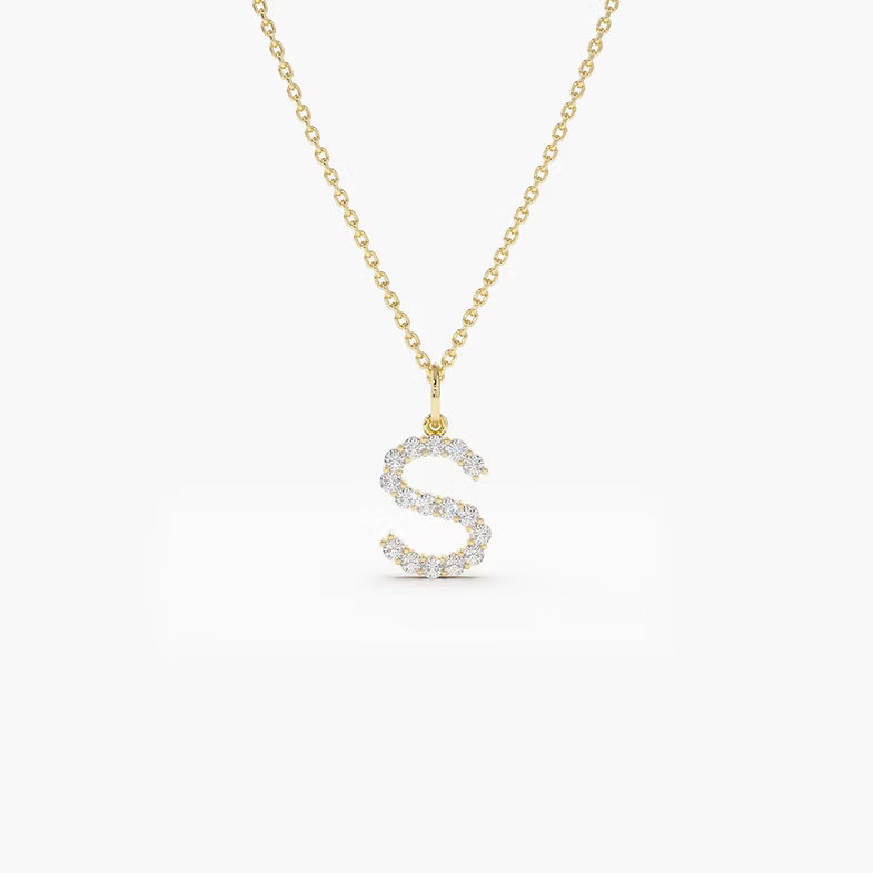 14K Solid Gold Medium Size Diamond Initial Necklace