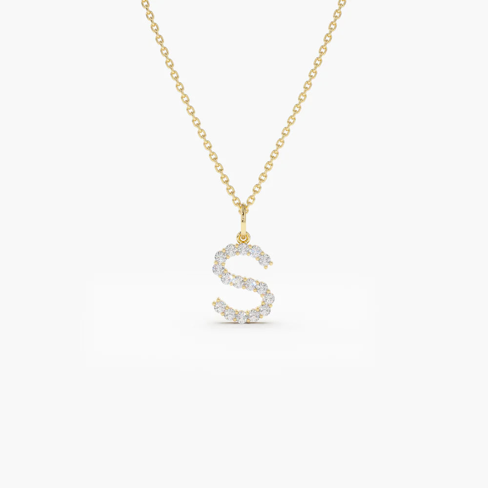 14K Solid Gold Medium Size Diamond Initial Necklace