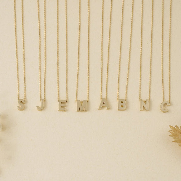 14K Solid Gold Bold Block Letter Initial Necklace