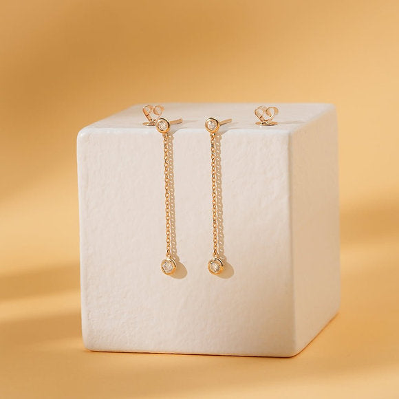 14K Solid Gold Long Diamond Drop Earrings