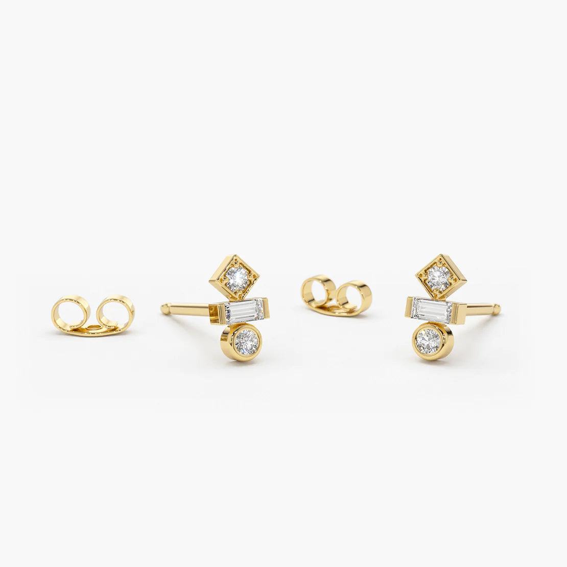 14K Solid Gold Baguette and Round Cut Mix Diamond Earrings