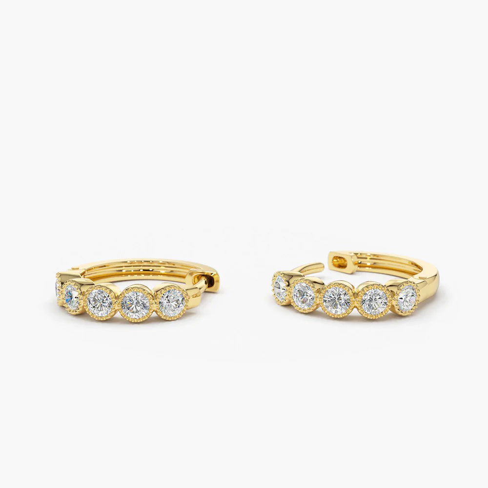 14K Solid Gold Bezel Setting Diamond Huggie Earrings
