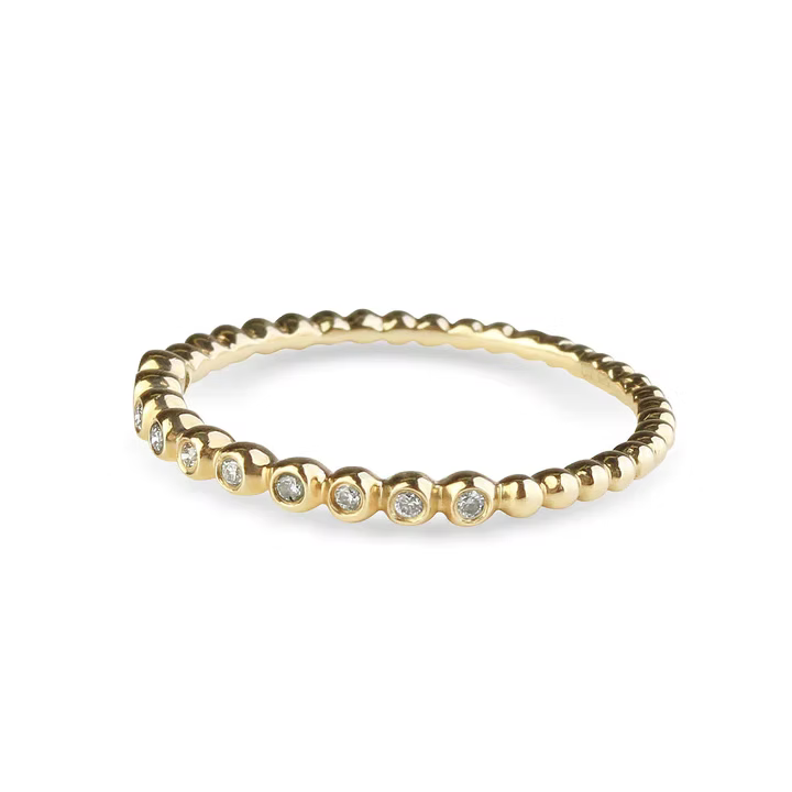 14K Solid Gold and Diamond Beaded Stacker Ring