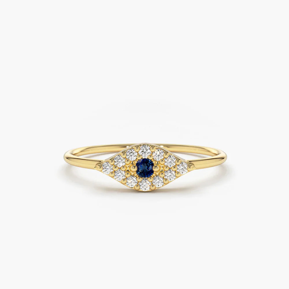 18K Solid Gold Diamond and Sapphire Evil Eye Ring
