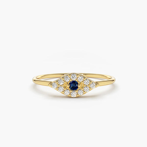 18K Solid Gold Diamond and Sapphire Evil Eye Ring