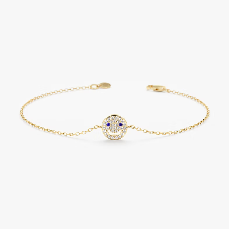 14K Solid Gold Sapphire Diamond Happy Face Bracelet