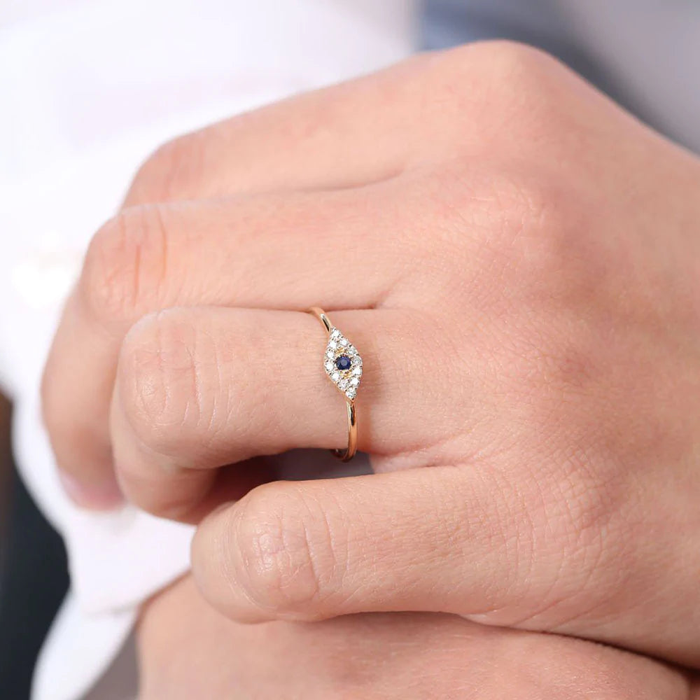 18K Solid Gold Diamond and Sapphire Evil Eye Ring