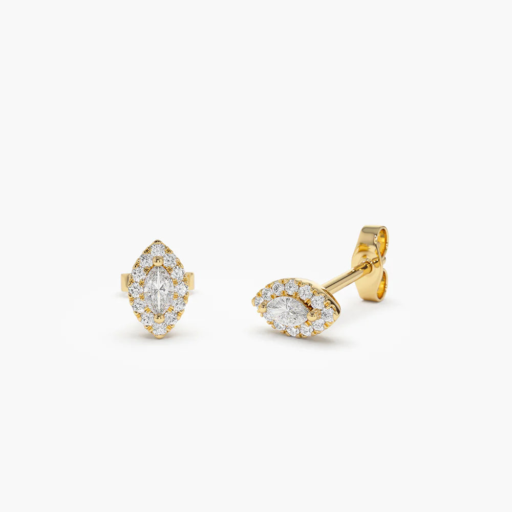 14K Solid Gold Marquise Diamond in Halo Setting Diamond Studs