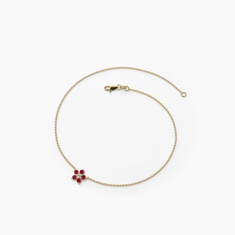 14K Solid Gold Ruby and Diamond Flower Charm Bracelet