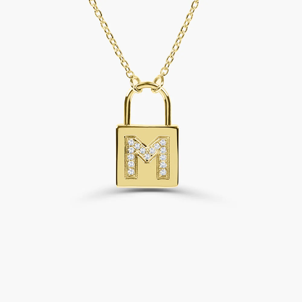 14K Solid Gold Padlock Initial Necklace