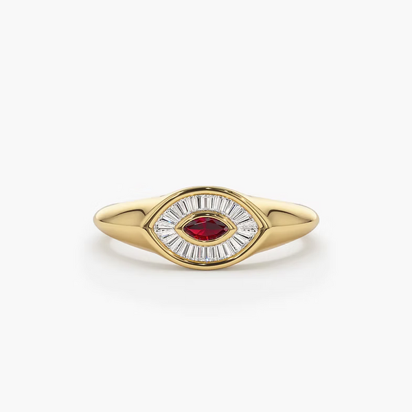 14K Solid Gold Marquise Shaped Ruby and Baguette Diamond Ring