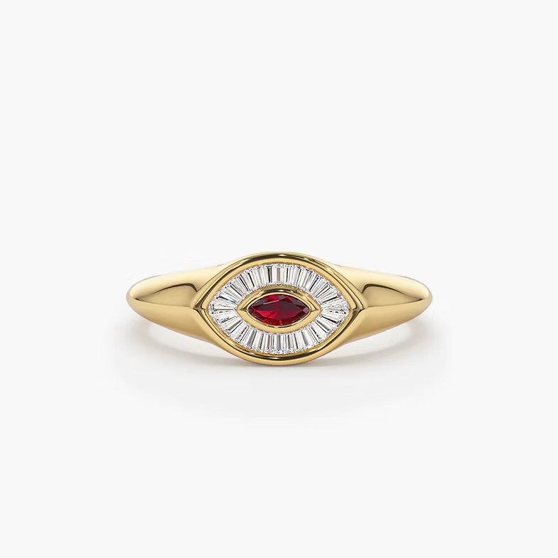 14K Solid Gold Marquise Shaped Ruby and Baguette Diamond Ring