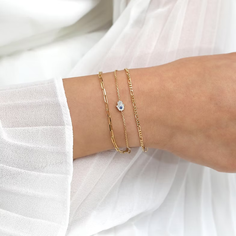 14K Solid Gold Sapphire and Diamond Hamsa Bracelet