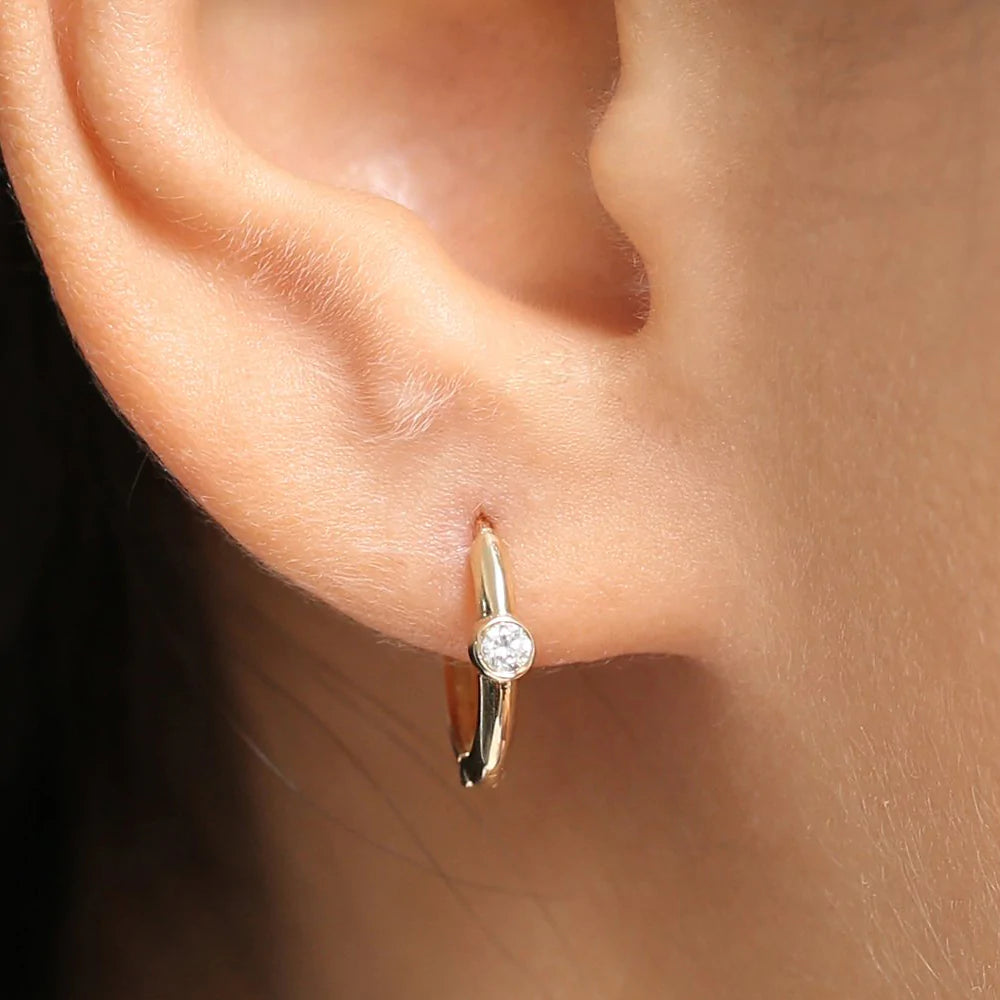 14K Solid Gold Single Bezel Set Diamond Hoops