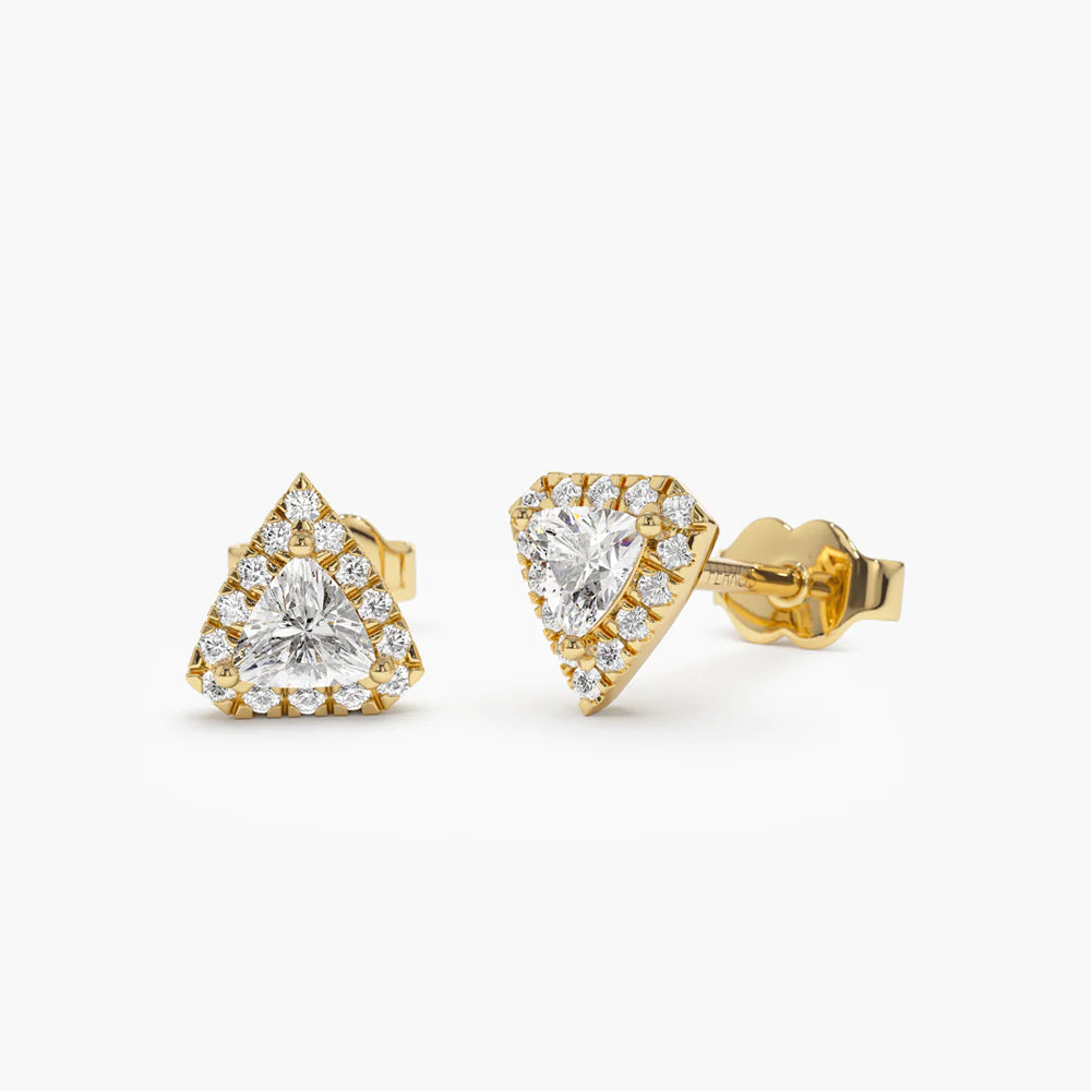 14K Solid Gold Petite Trillion Diamond Studs with Halo Setting