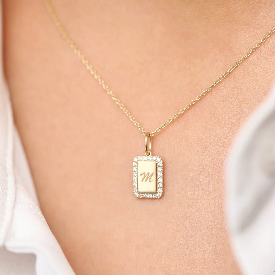 14K Solid Gold Diamond Tag Initial Necklace