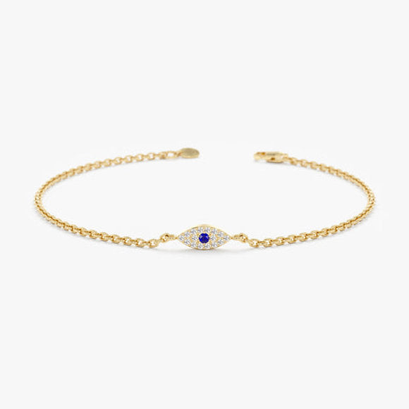 14K Solid Gold Single Sapphire Diamond Eye Bracelet