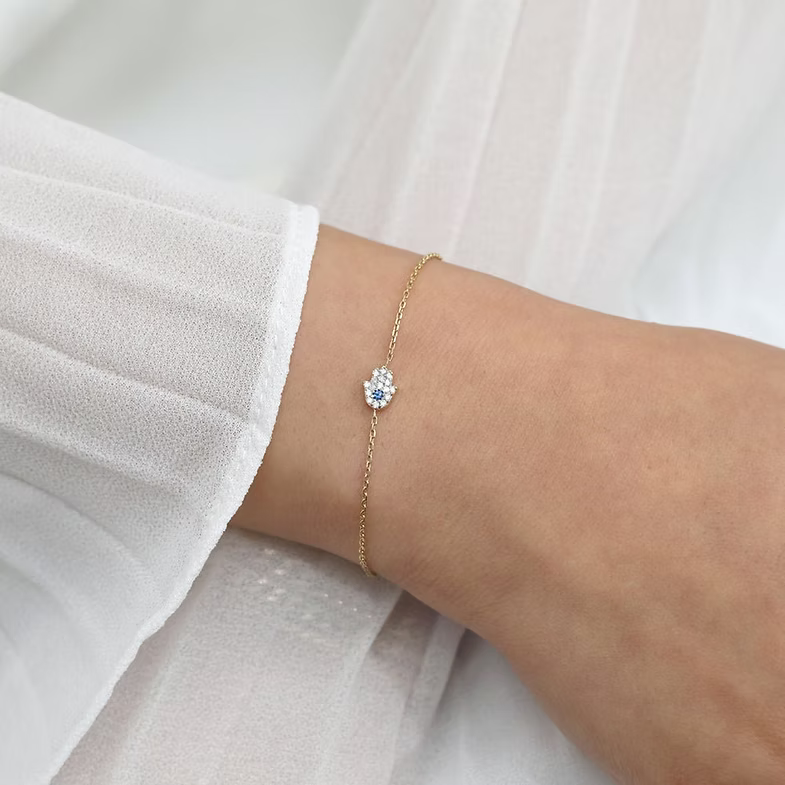 14K Solid Gold Sapphire and Diamond Hamsa Bracelet