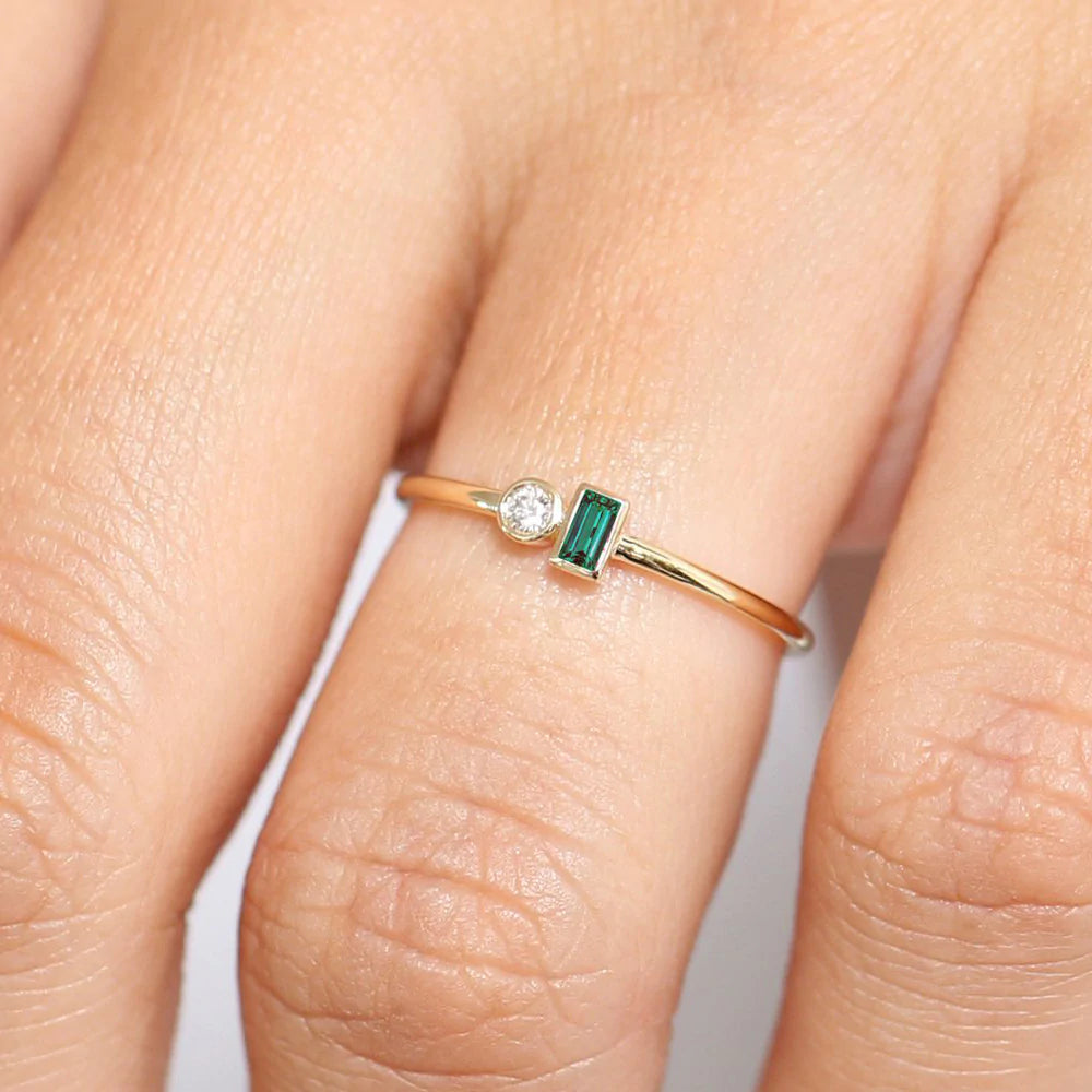 18K Solid Gold Baguette Emerald and Diamond Stackable Ring